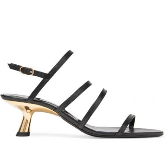 Simon Miller Low T Heel Sandal in Black Gold Strappy Thin Kitten Subtle Glam - Picture 2 of 6